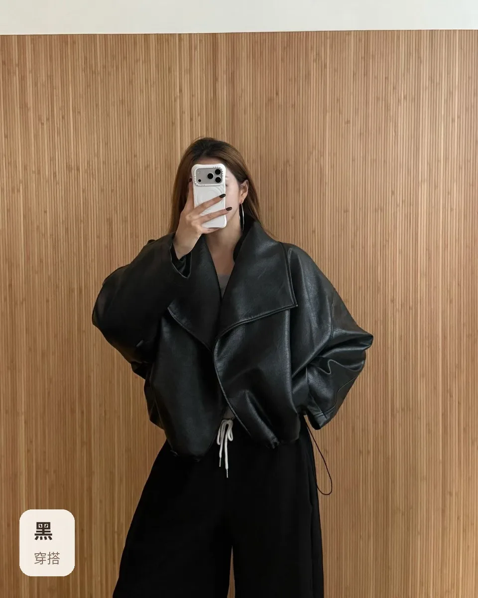韓國 大翻領短版皮衣外套（可可棕・黑） 2